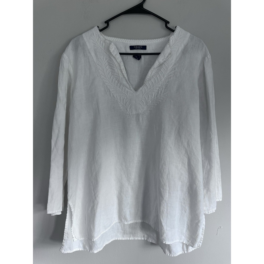 White 100% Linen LARGE Embroidered V-Neck Tunic Blouse Top Long Sleeve